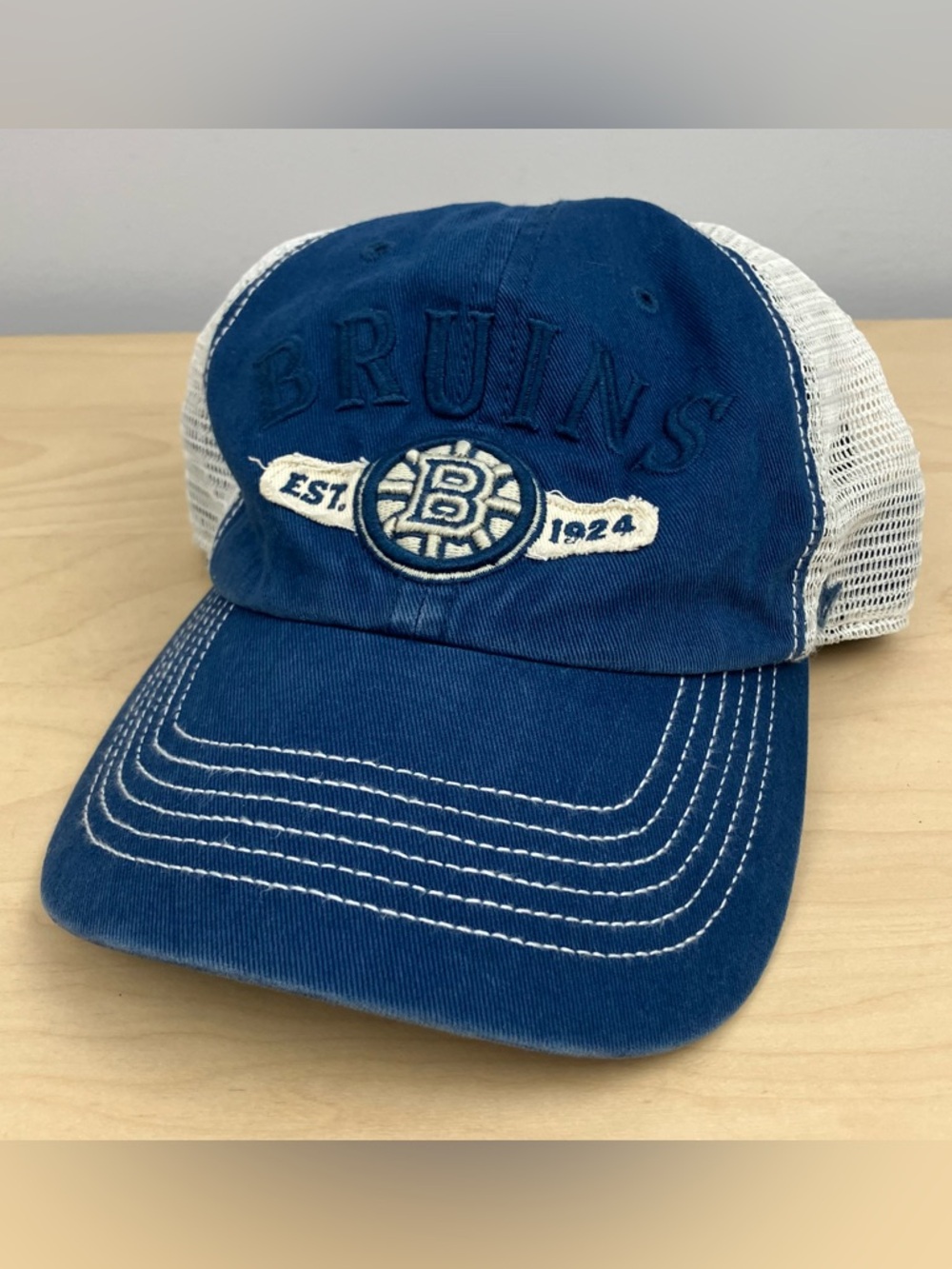 47 Boston Bruins Mesh Snapback Trucker Hat Blue White Embroidered Logo OSFA